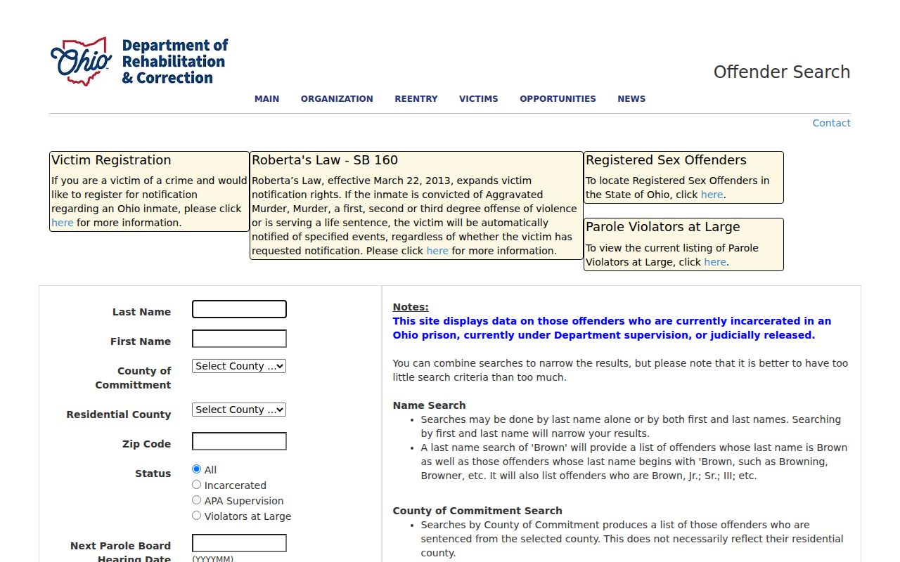 Huber Heights residents directory view of Ohio DRC offender search limits